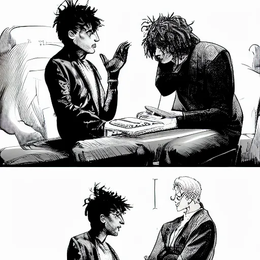 Image similar to a dramatic photograph of neil gaiman having a conversation with dream from the sandman in a fantasy world, dramatic lighting, filmic, cinematographic, sci - fi