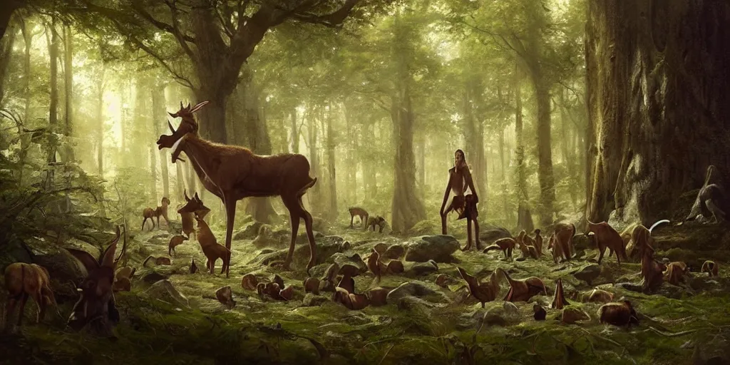 Prompt: 'wood-elf surrounded by animals in the woods, art by Greg Rutkowski, 4k'