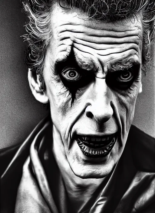 Image similar to photo of Peter Capaldi as the Joker by Lee Jeffries and Eolo Perfido, big smile, head shot, detailed, award winning, Sony a7R, trending on artstation