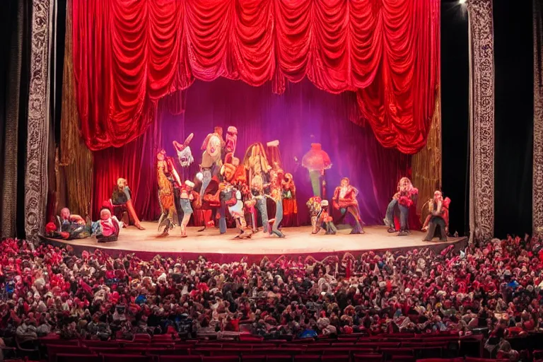 Prompt: photo of a huge theaterstage, stage is decorated as 7 0 ties kitchen and living room, theater curtains are red, 3 actors in hippy costumes with big wigs standing on stage singing, 8 k, multicolored, exaggerated detailed, long shot