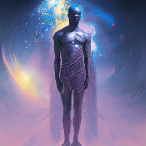 Image similar to an african!! cosmic god bending space time, watchmen, dim light, bloom, front game card, marvel comics, dark, intricate, highly detailed, smooth, artstation, digital illustration by ruan jia and mandy jurgens and artgerm and wayne barlowe and greg rutkowski and zdislaw beksinski, and adi granov