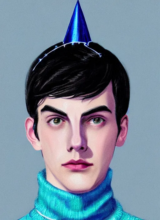 Image similar to portrait of teenage jughead jones wearing a light grey crown, crown, blue turtleneck, 1 9 5 0 s, closed eyes, photorealistic, black hair, glowing lighting, intricate, elegant, glowing lights, highly detailed, digital painting, artstation, concept art, smooth, sharp focus, illustration, art by wlop, mars ravelo and greg rutkowski