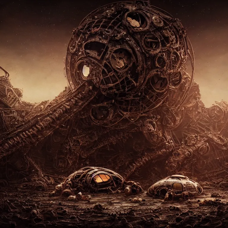 Prompt: ribbed abandoned biomechanical organic crashed spaceman astronaut spaceship on exoplanet at night, in a desolate empty wasteland, covered with organic flesh, meat, creepy, nightmare, dream-like heavy atmosphere, surreal abandoned buildings, baroque painting, beautiful detailed intricate insanely detailed octane render trending on Artstation, 8K artistic photography, photorealistic, chiaroscuro, cinematic volumetric light, Raphael, Caravaggio, Beksinski, Giger