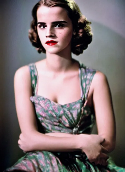 Image similar to Retro color photography 1940s portrait Hollywood headshot of Emma Watson Kodak Gold, 35mm aspherical lens