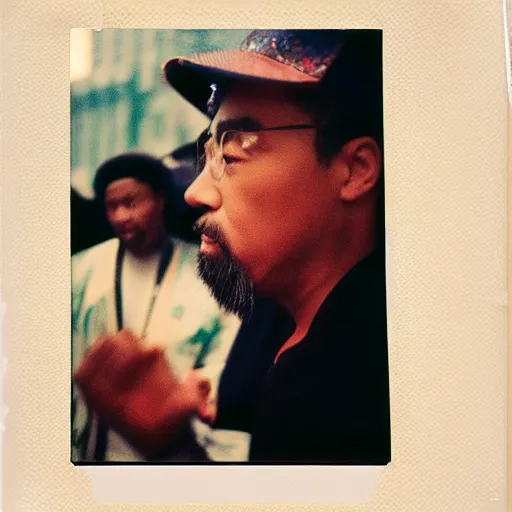 Prompt: Confucius at a rap battle, 90s polaroid, by Saul Leiter, Jamel Shabazz, Nan Goldin