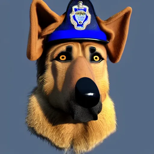 Prompt: police dog german sheperd, 3 d model, cartoony, unreal engine, 4 k, artstation, hyperrealistic, ultra quality, blue uniform, badge on collar, pixar, on a highway offramp