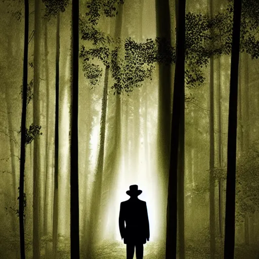 Image similar to shadowy man wearing a trenchcoat and a fedora in a liminal forest, uneasy feeling