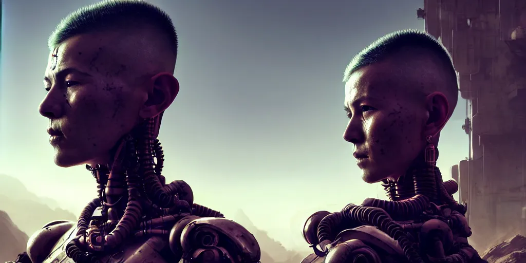 Image similar to meditating monk with mohawk and tattoo on face and cybernetic enhancements, scifi character portrait by greg rutkowski, craig mullins, cinematic lighting, dystopian scifi outfit, profile picture, mechanical, cyborg, half robot ultra realistic 8 k resolution, the backdrop of a post - apocalyptic landscape.