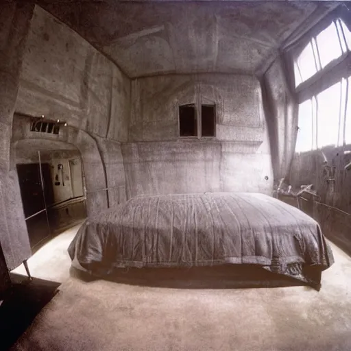 Image similar to wide angle photograph of a cozy bedroom designed by hr giger