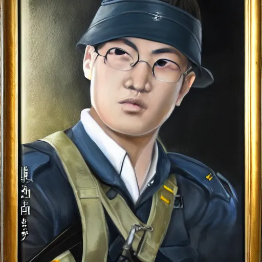 Image similar to A detailed portrait of a Shinra soldier armed for battle, oil painting,