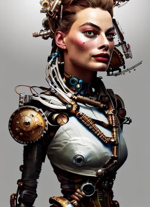 Prompt: portrait of margot robbie, robot steampunk, floral! horizon zero dawn machine, intricate, elegant, highly detailed, ray tracing, digital painting, artstation, concept art, smooth, sharp focus, illustration, art by artgerm and greg rutkowski and alphonse mucha, 8 k