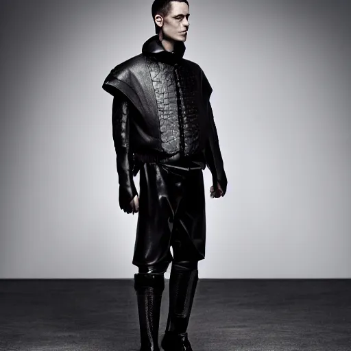 Image similar to an award - winning editorial photo of a male model wearing a baggy designer medieval cropped leather menswear jacket by alexander mcqueen, 4 k, studio lighting