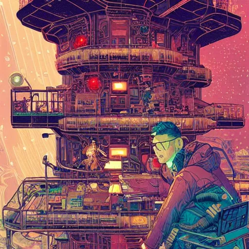 Image similar to Stunningly intricate illustration of a cyberpunk explorer playing video games in his treehouse, highly detailed, midnight, by Victo Ngai and James Gilleard , Moebius, Laurie Greasley