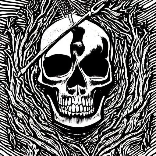 Image similar to dark death metal themed vector illustration for a record label, trees. forest, spikes, skull, microphone, skull, award winning, grunge, iconic, golden ratio