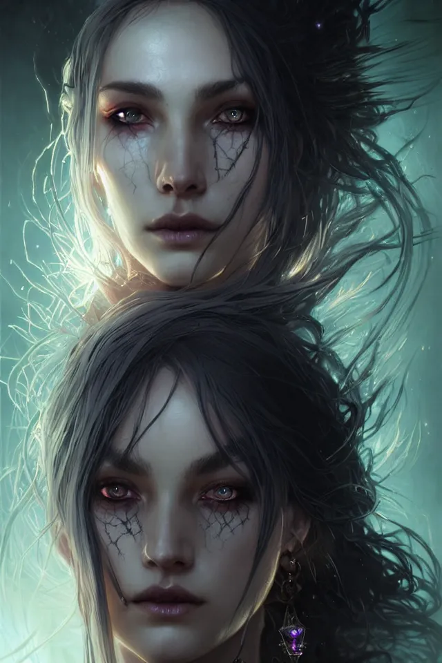 Image similar to Necromancer Sorceress face close-up macro in center, fantasy magic, undercut hairstyle, dark light night, intricate, elegant, sharp focus, illustration, highly detailed, digital painting, concept art, matte, art by WLOP and Artgerm and Greg Rutkowski and Alphonse Mucha, masterpiece