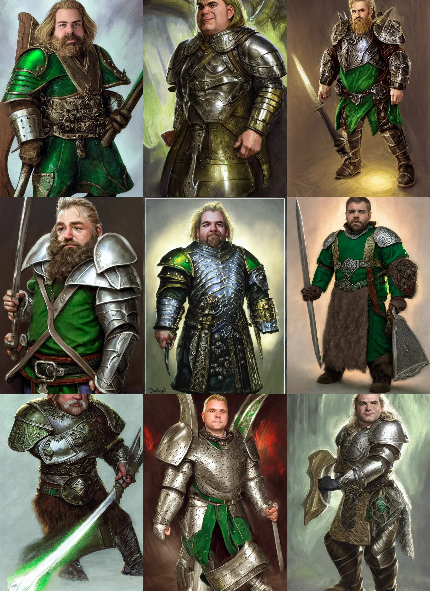 Prompt: portrait, fantasy beardless dwarf cleric, young adult, no beard, short blonde hair combed to one side, silver and emerald breastplate, clean shaven, slightly smirking, shield on back, style by donato giancola, wayne reynolds, jeff easley dramatic light, high detail, cinematic lighting, artststion, dungeons and dragons