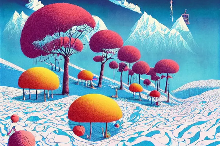 Prompt: surreal glimpse into other universe, himalaya with snow ice cream, summer morning, very coherent and colorful high contrast, art by!!!! gediminas pranckevicius!!!!, geof darrow, floralpunk screen printing woodblock, dark shadows, hard lighting, stipple brush technique,