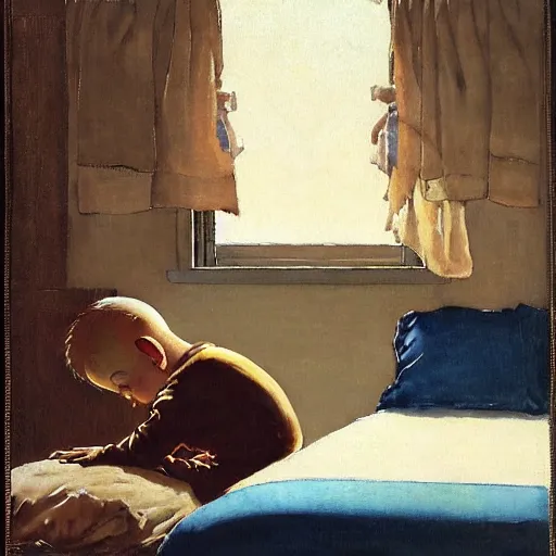 Image similar to painting of a blonde boy with blue eyes praying next to his bed that god will answer his prayers, crescent moon is visible outside his window, by Norman Rockwell,