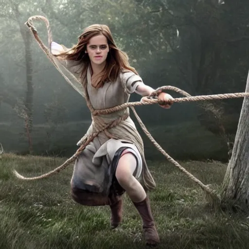 Prompt: emma watson, full body and face, head to toe visible in the photo, hands tied with a metal pole via rope, damsels in distress, 4 k, hyperrealistic