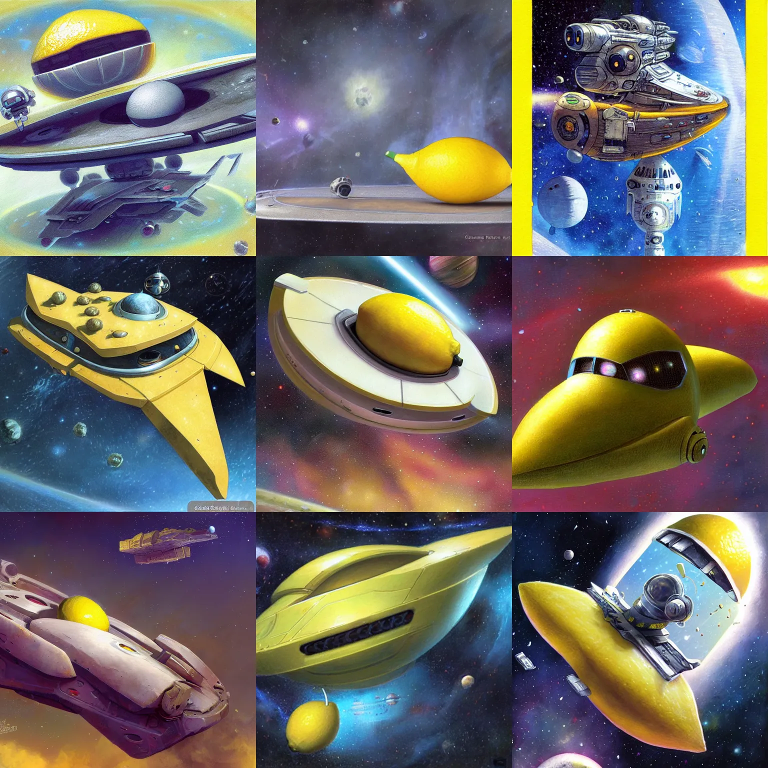 Prompt: lemon space cruiser, fruit lemon-shaped, in space by Greg Staples and Greg Rutkowski