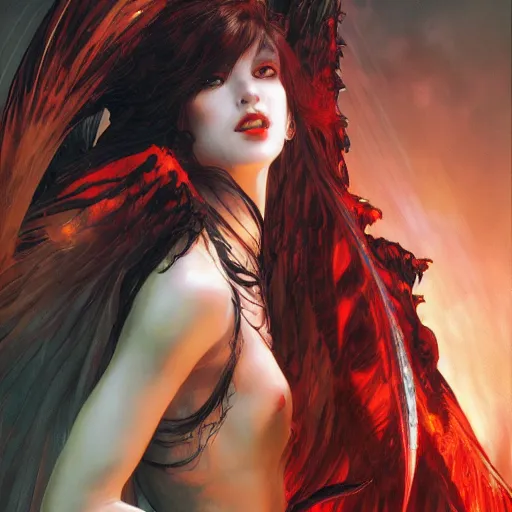 Prompt: young vampire princess with burning wings 4 k high definition gorgeous dramatic lighting artstation trending path traced contrast light and dark cinematic breathtaking by noriyoshi ohrai, patrick woodroffe, and hans zatzka