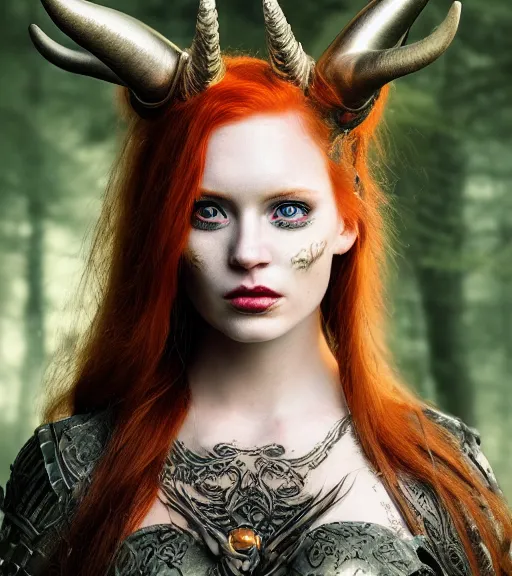 Prompt: 5 5 mm portrait of an armored gorgeous anesthetic redhead woman warrior with a face tattoo and horns growing from her head. in a magical forest in the style of stefan kostic, art by luis royo. highly detailed 8 k. intricate. lifelike. soft light. nikon d 8 5 0. cinematic post - processing