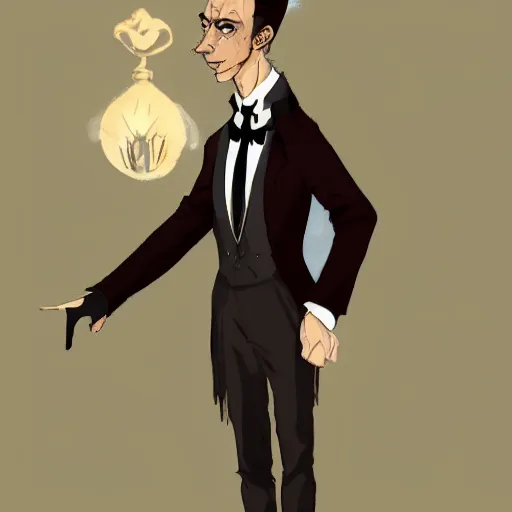 Image similar to older fantasy butler that looks similar to michael kane, full body portrait, handsome, 4 k, tarot card style, photo realistic, balding, well dressed, pet rat on shoulder