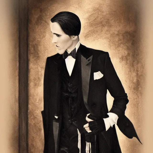 Image similar to photorealistic sepia kodachrome portrait of a 1 9 2 0 s era male magician, well dressed, long - tailed tuxedo coat, atmospheric lighting, dark, brooding, painted, intricate, ultra detailed, well composed, best on artstation, cgsociety, epic, stunning, gorgeous, intricate detail, much wow, masterpiece