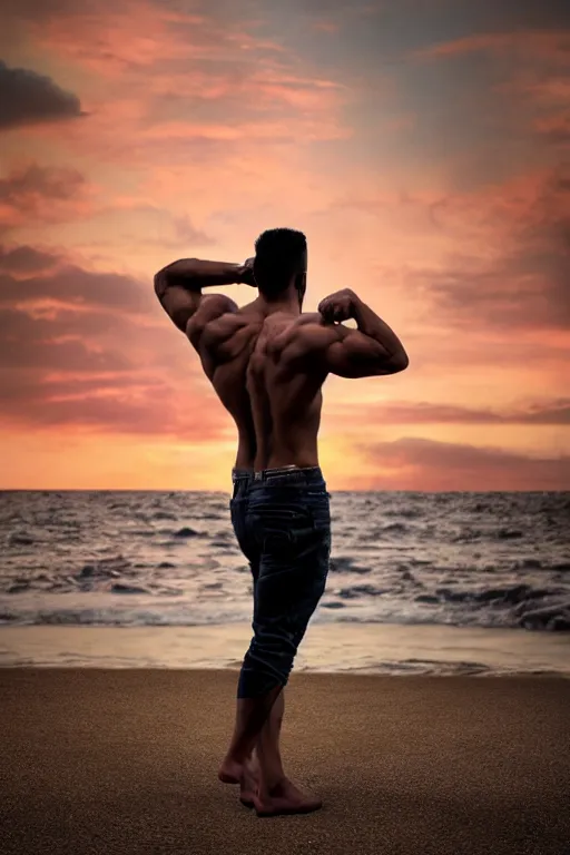 Prompt: a very muscular and defined man wearing ripped pants and shirt looking to the sea at sunset, godrays, complementary colors, natural lighting, portait image, path tracing, serene landscape, high quality, highly detailed, 8K, soft colors, warm colors, turbulent sea, high coherence, anatomically correct, hyperrealistic, concept art, defined face, five fingers