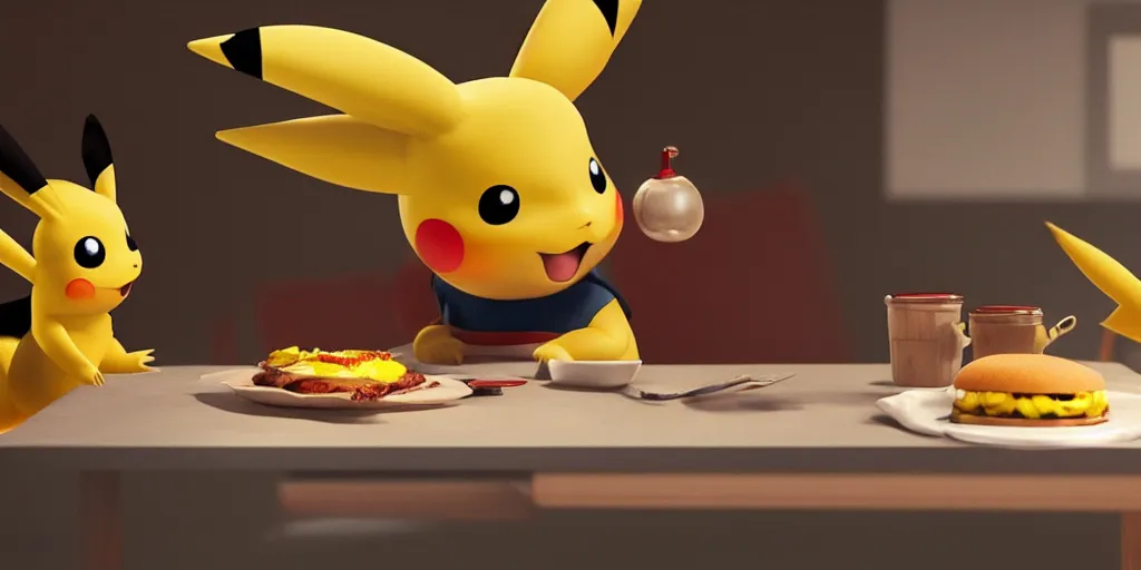 Prompt: a realistic Pikachu alone next to a table eating a delicious hamburger, digital art, wide shot, highly detailed, hyperrealistic, photorealistic, unreal engine 5, made by a professional 3d artist, dynamic lighting, trending on artstation, 4k uhd, epic composition