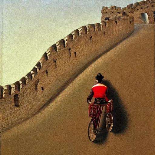 Image similar to biker on the great wall. by michael sowa.