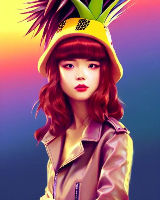 Image similar to pineapple girl wearing a candy hat and leather jacket, fine detail!! anime!! realistic shaded lighting!!, kim hyun joo, digital painting by ilya kuvshinov, magali villeneuve, artgerm, jeremy lipkin and michael garmash and rob rey