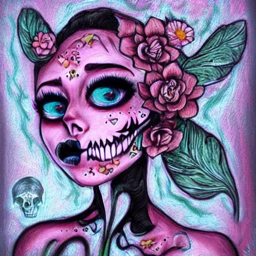 Prompt: tinker bell, horror, skull, flowers, scary, drawn by Harumi Hironaka