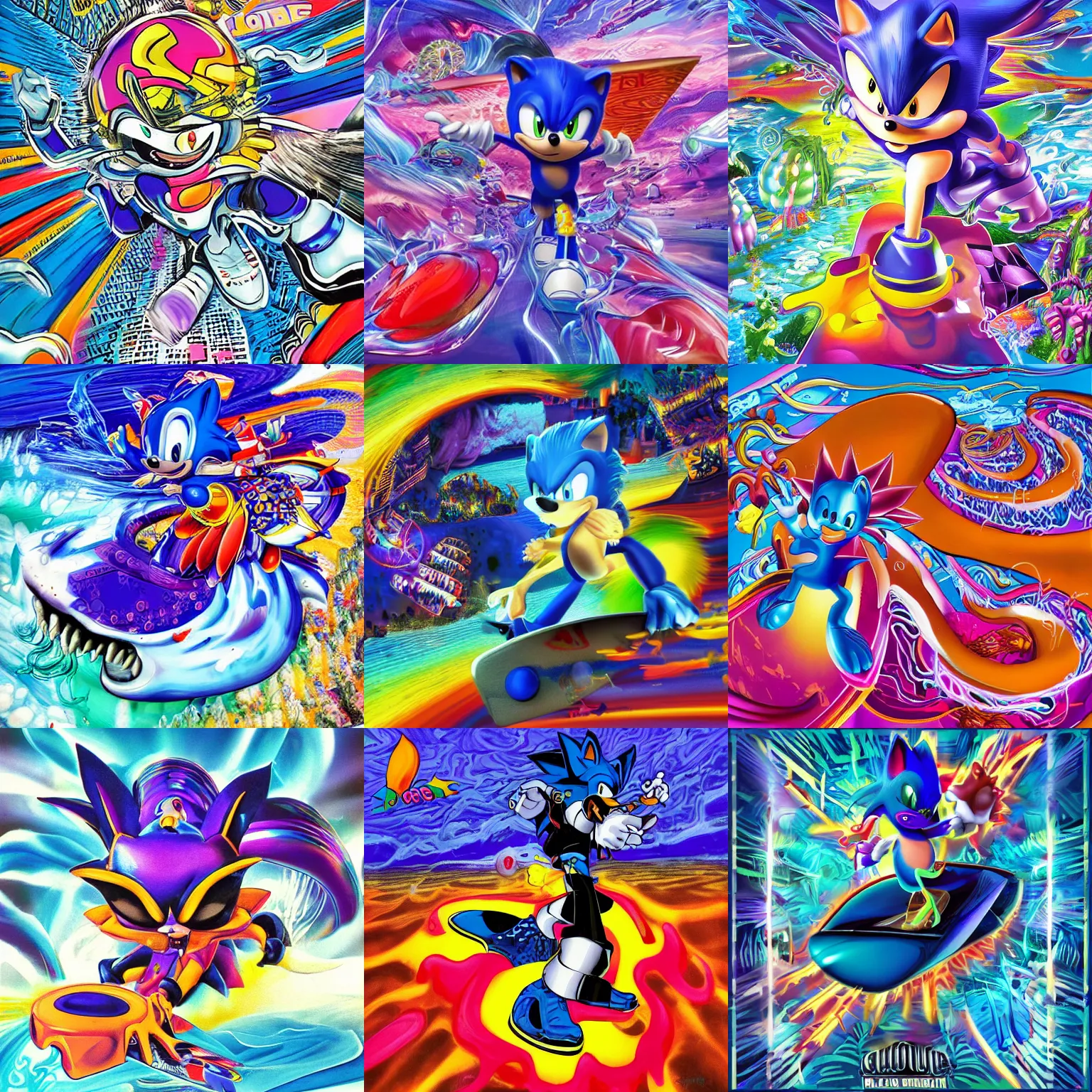 Image similar to surreal, sharp, detailed professional, high quality airbrush art MGMT album cover of a liquid dissolving LSD DMT blue sonic the hedgehog surfing through cyberspace, purple checkerboard background, 1990s 1992 Sega Genesis video game album cover