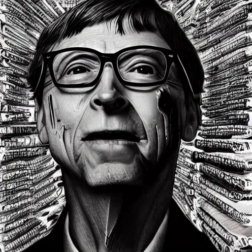 Image similar to bill gates full body portrait, piles of syringes behind him, body horror, black and white illustration by junji ito and francis bacon, hunter s thompson feeling of grimdark, sharp focus, fiction, hyper detailed, digital art, trending in artstation, cinematic lighting, studio quality, smooth render, unreal engine 5