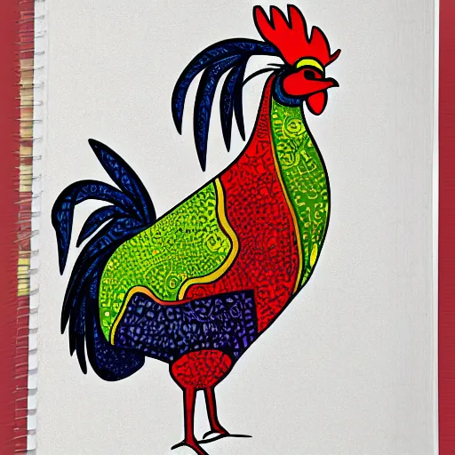Prompt: architectural sketch of a rooster, infographic, vibrant, detailed, notebook,