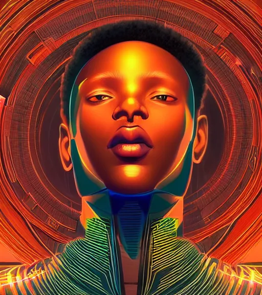 Image similar to symmetry!! african prince of technology, solid cube of light, hard edges, product render retro - futuristic poster scifi, lasers and neon circuits, brown skin man african prince, intricate, elegant, highly detailed, digital painting, artstation, concept art, smooth, sharp focus, illustration, dreamlike, art by artgerm