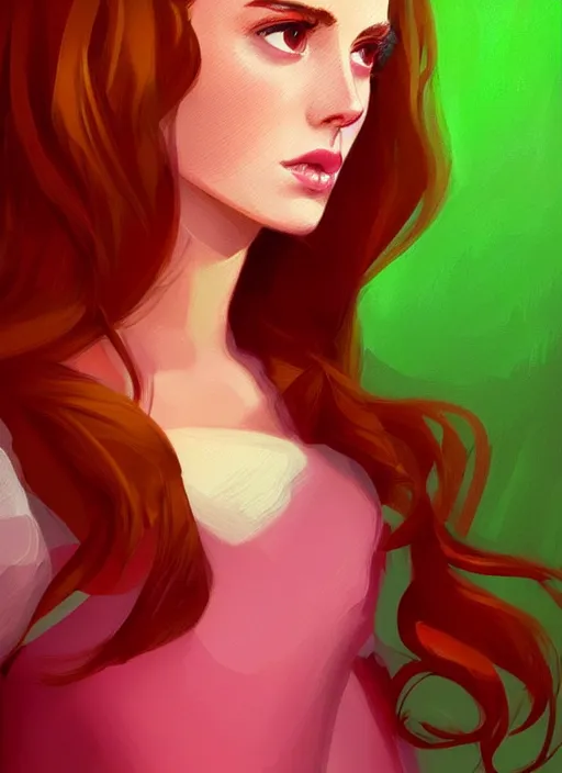 Image similar to full body portrait of teenage cheryl blossom, bangs, green eyes, sultry expression, red hair, sultry smirk, bangs and wavy hair, pink skirt, intricate, elegant, glowing lights, highly detailed, digital painting, artstation, concept art, smooth, sharp focus, illustration, art by wlop, mars ravelo and greg rutkowski