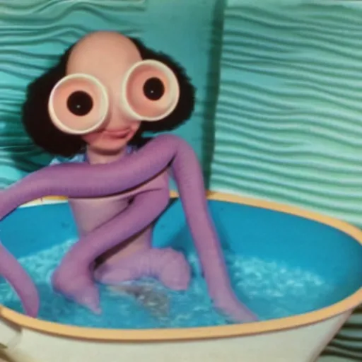 Image similar to a female anthropomorphic intestine in a bathtub, children's television show, 1974, technicolor