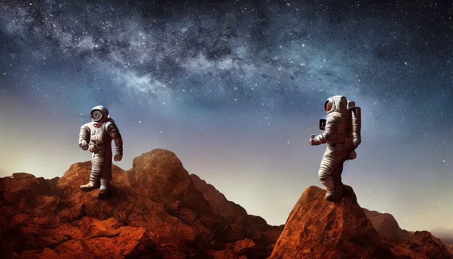 Prompt: american astronaut standing on a top of a mountain in socotra island, starry night, moonlit, cinematic lighting, atmospheric, realistic, octane render, highly detailed, color graded, in the style of craig mullins