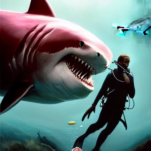 Prompt: a dream fantasy painting of ( white shark with blood teeth ) near a scuba diver, in the deep, trending on artstation, deviantart, matte painting by antonio j. manzanedo, greg rutkowski,