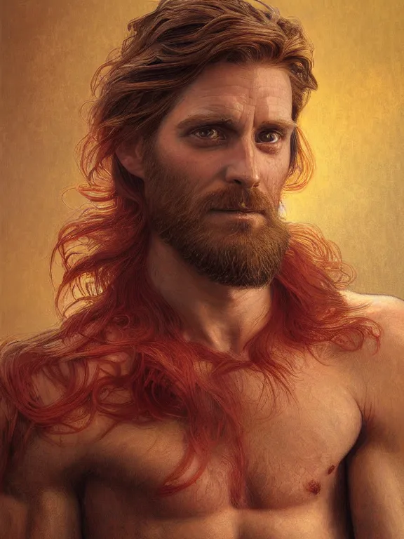 Prompt: painted portrait of rugged tobi maguire god of thunder, norse god, red hair, masculine, mature, handsome, upper body, red and gold, muscular, hairy torso, fantasy, intricate, muscular, elegant, highly detailed, digital painting, artstation, concept art, smooth, sharp focus, illustration, art by gaston bussiere and alphonse mucha