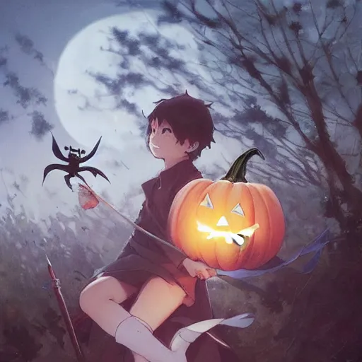 Image similar to halloween, perfect art, trending on pixiv fanbox, painted by greg rutkowski makoto shinkai takashi takeuchi studio ghibli, akihiko yoshida,