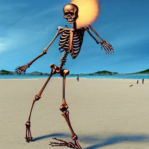 Image similar to highly detailed anatomically accurate skeleton on the beach with nuclear explosion in the background, trending on Artstation