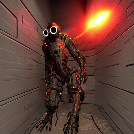 Image similar to Unstable humanoid lightning elemental wearing sci-fi goggles, haunted spaceship hallway, sci-fi artwork, horror, 8k, concept art, dramatic pose