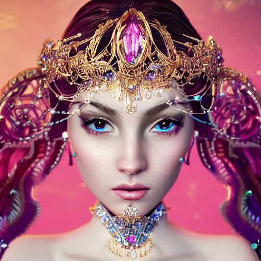 Image similar to portrait of pretty princess with perfect skin, glowing, ornate and intricate sapphire jewelry, jaw dropping beauty, glowing backdrop, white accent lighting, hyper detailed, 4 k octane render