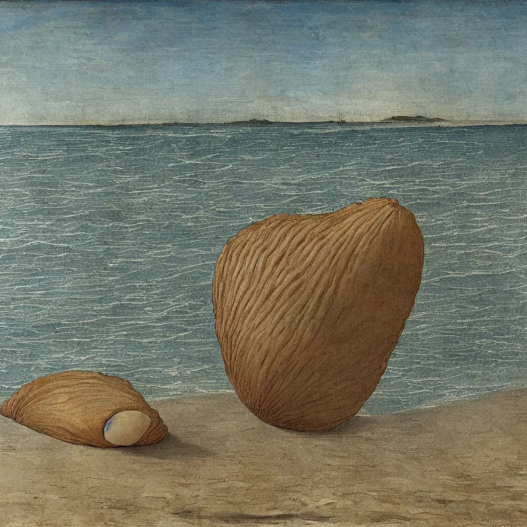 Prompt: a painting of an empty beach with a giant open shell in the sand, by botticelli