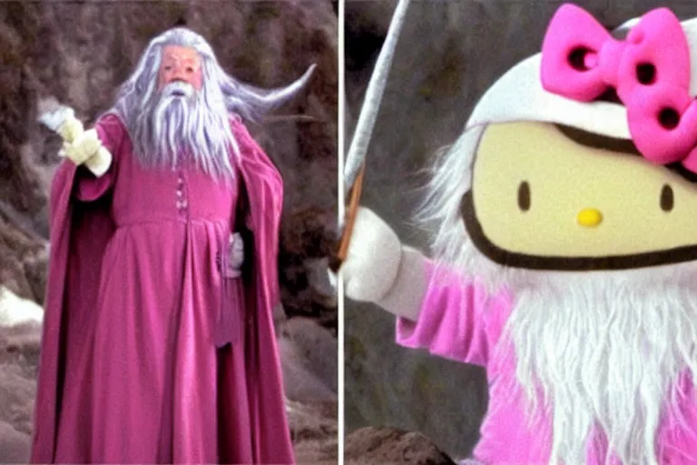 Prompt: Gandalf dressed up like hello kitty, smiling warmly, sunrise, movie still from Lord of the Rings, cinematic