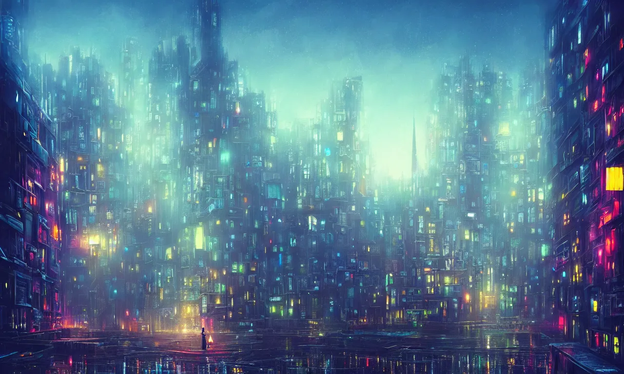 Image similar to low angle colorful photograph of a futuristic city, science fiction, night lights, beautifully lit buildings, mystic hues, distant, sharp focus, volumetric lights, digital art, RTX, hyperrealistic, cinematic, acid pixie, by lee madgwick