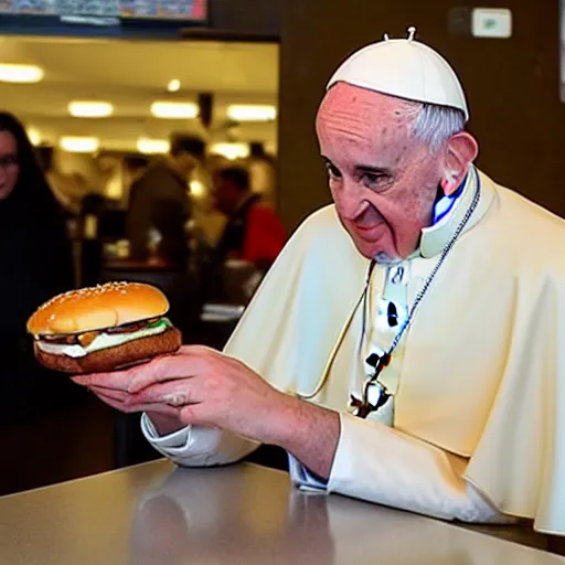 Image similar to the pope eating an hamburger at mcdonald's